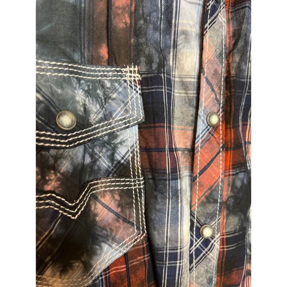 BKE Size XL Mens Vintage Timberjack Shirt Pearl Snap Blue Orange Plaid Shirt - Picture 5 of 9